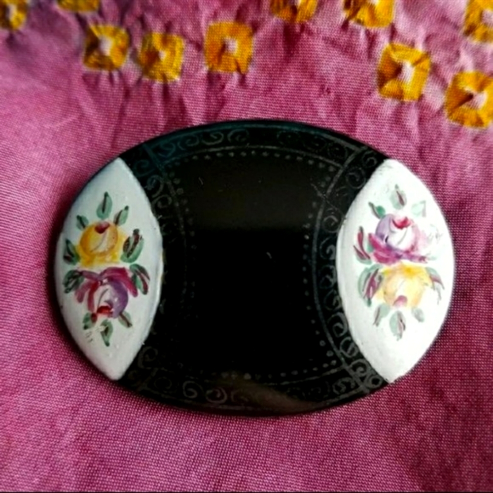 Vintage brooch pin painted flowers broach oval antique floral black white